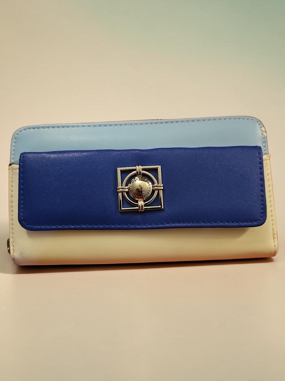 Catherine Malandrino Blue, Light Blue & Cream Trifold Wallet with Silver Emblem